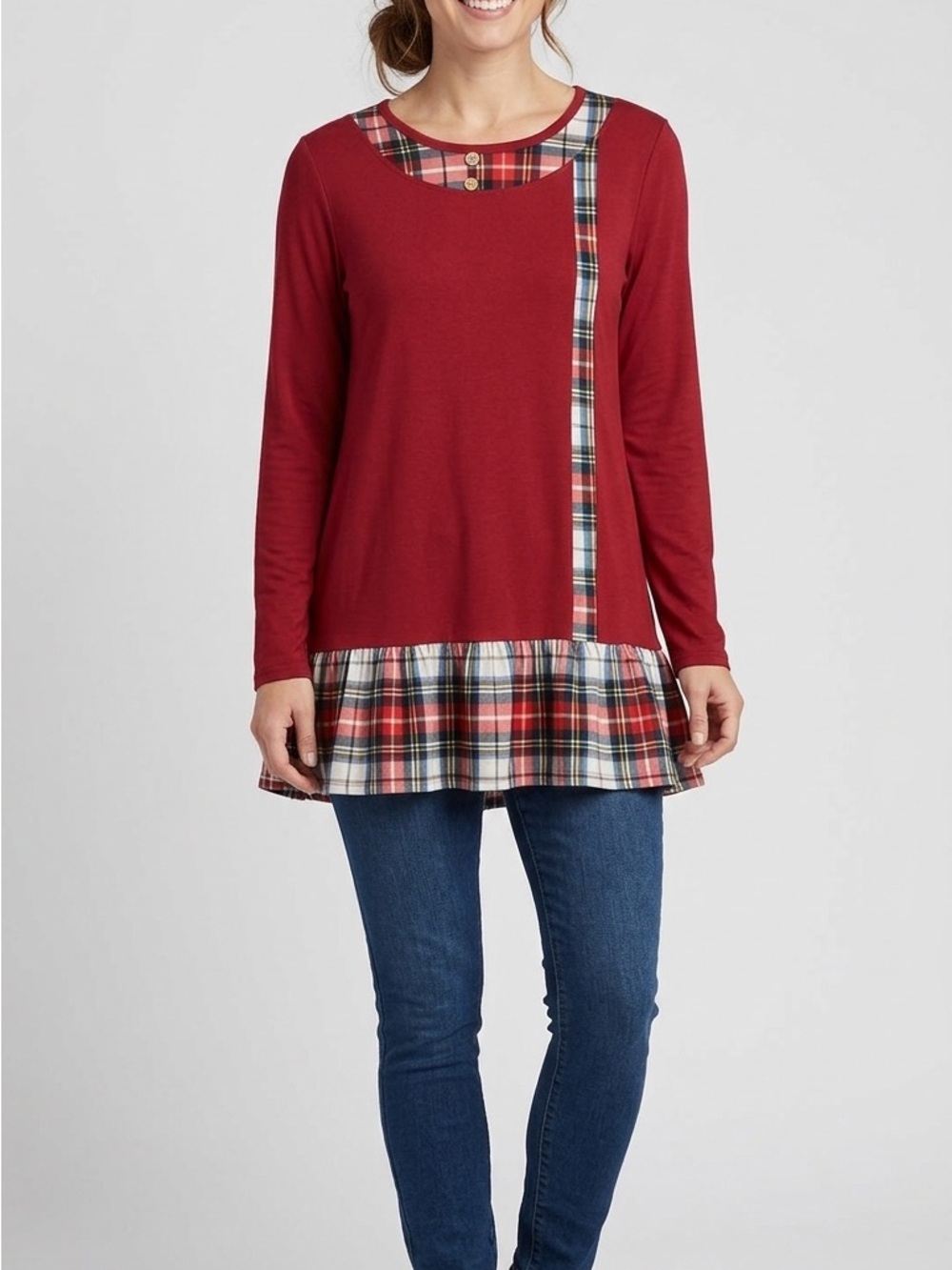 Plaid Trim Red Long-Sleeve Peplum Top